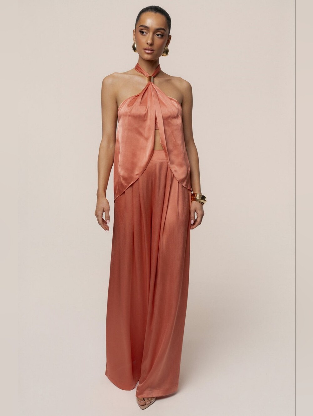 JLUXLABEL Salmon Cascade Satin Pant Set